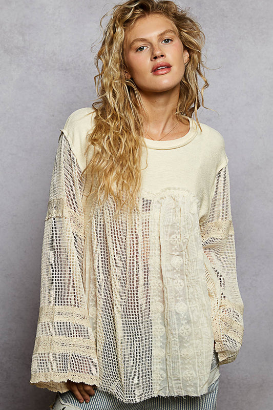 POL lace mesh blouse with balloon sleeves and back lace detail, feminine romantic coquette style top
