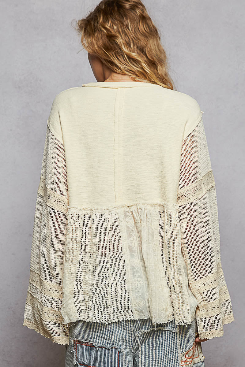 Natural beige boho lace top with mesh fabric and gathered tiered lace back, soft romantic boho luxe blouse