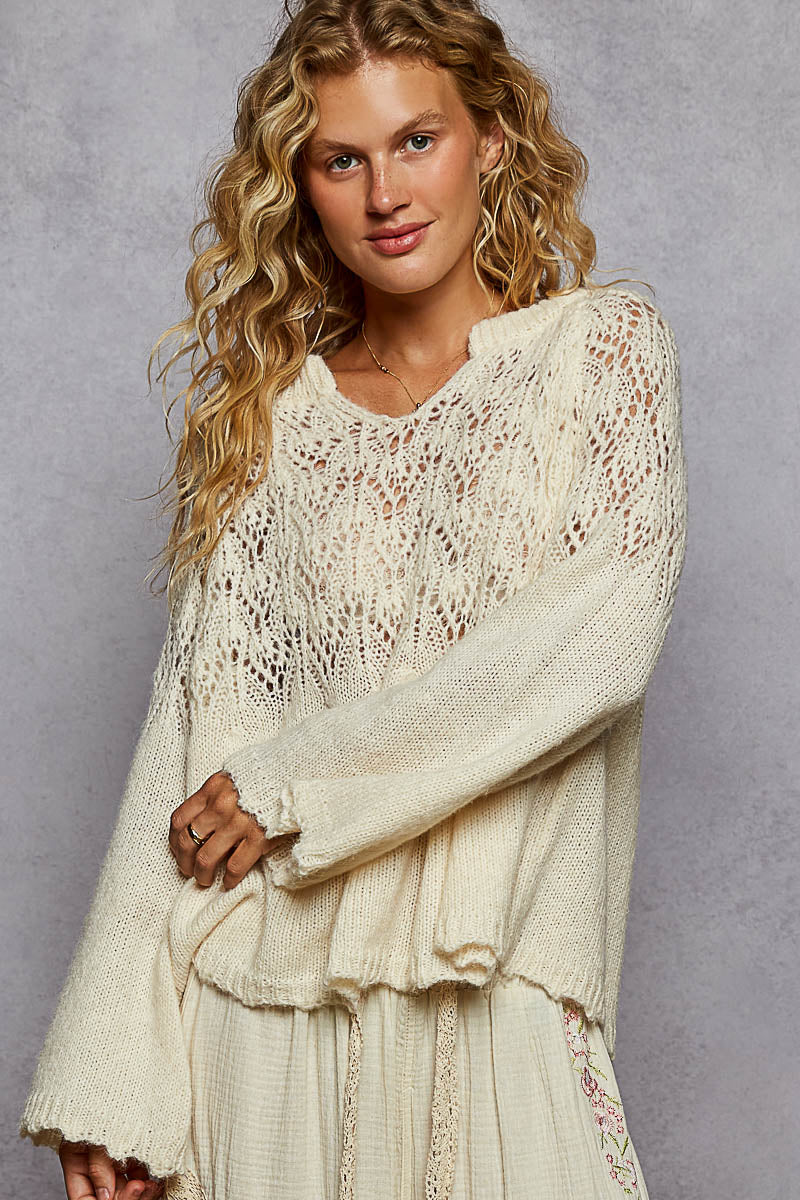 Ivory boho sweater with intricate open knit detail and flowy silhouette for soft feminine style