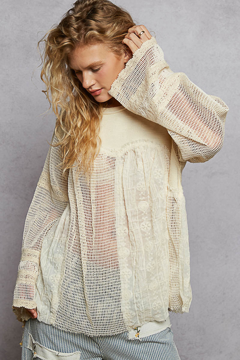 Cream lace mesh balloon sleeve blouse with heart-shaped detail and vintage-inspired romantic design