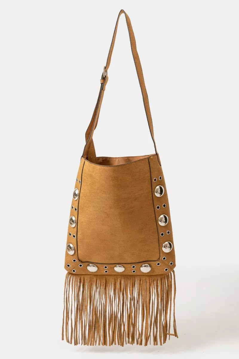 Vegan Suede Grommet Tote Bag with Fringe