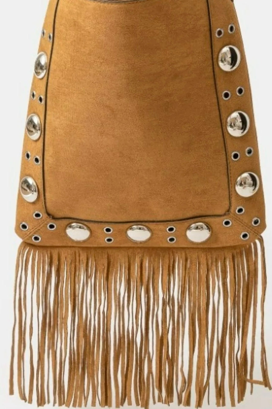 Vegan Suede Grommet Tote Bag with Fringe