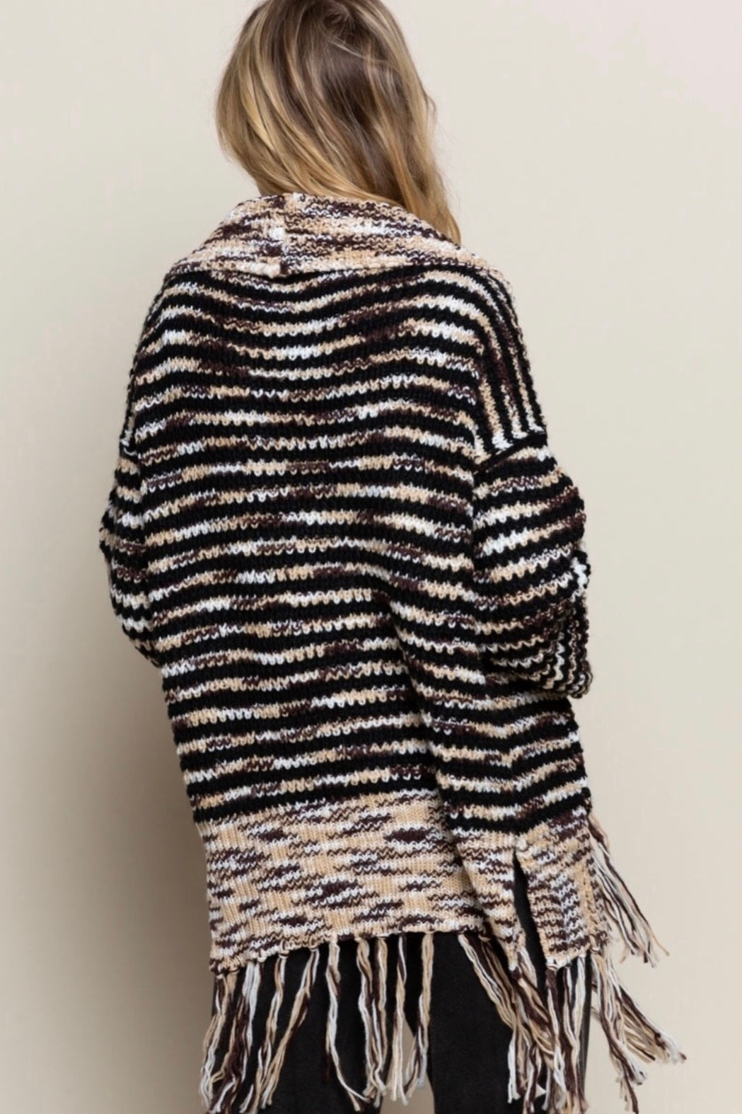 Wintered Woods Neutral Striped Cardigan with Tassel Fringe