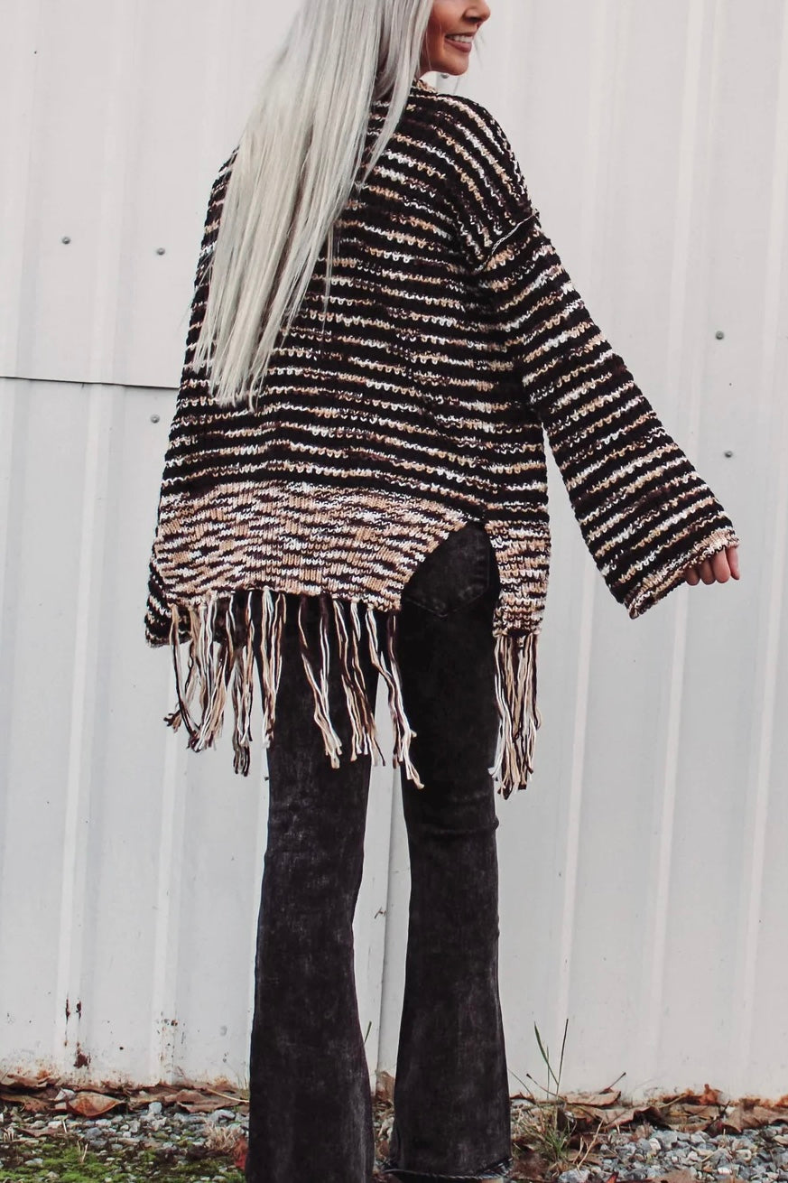 Wintered Woods Neutral Striped Cardigan with Tassel Fringe