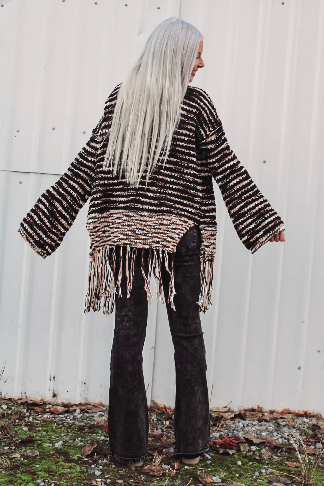 Wintered Woods Neutral Striped Cardigan with Tassel Fringe