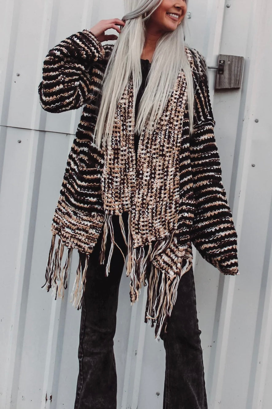 Wintered Woods Neutral Striped Cardigan with Tassel Fringe