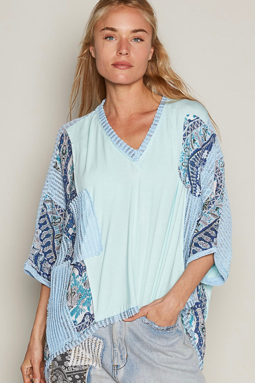 Biscayne Breeze Boho Print + Sheer Knit V Neck Rayon Jersey Top