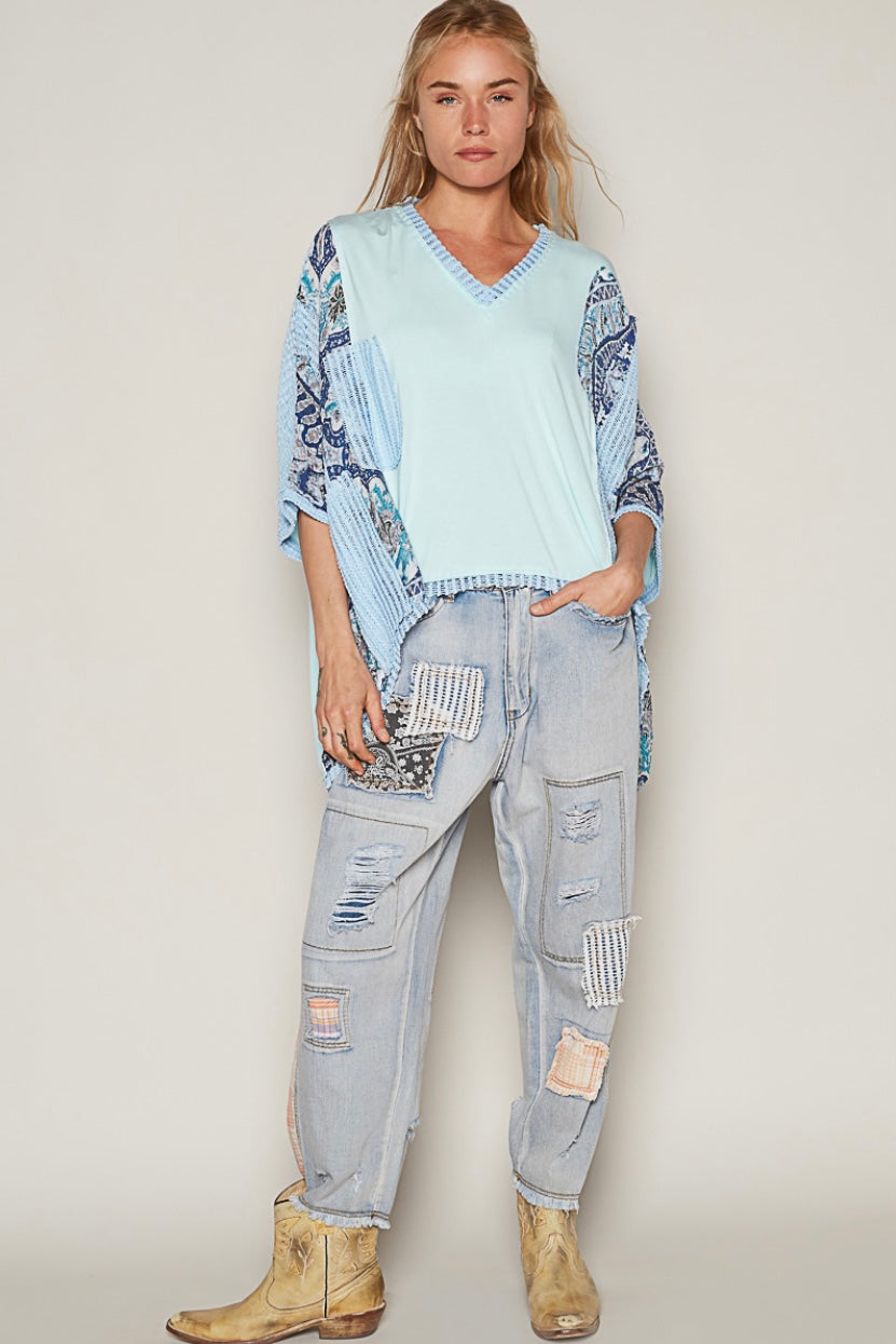 Biscayne Breeze Boho Print + Sheer Knit V Neck Rayon Jersey Top
