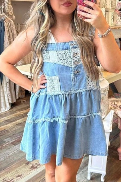 Dream On Denim + Crochet Tiered Overall Mini Dress (3 Colors)