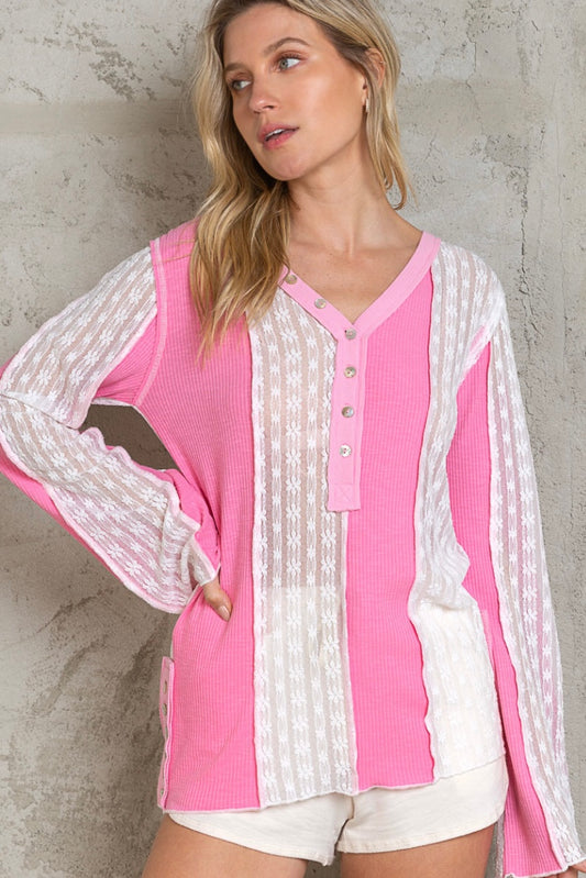 Pink lace and rib knit patchwork henley top with button front, V-neckline, and long sleeves for flirty feminine boho-luxe style.