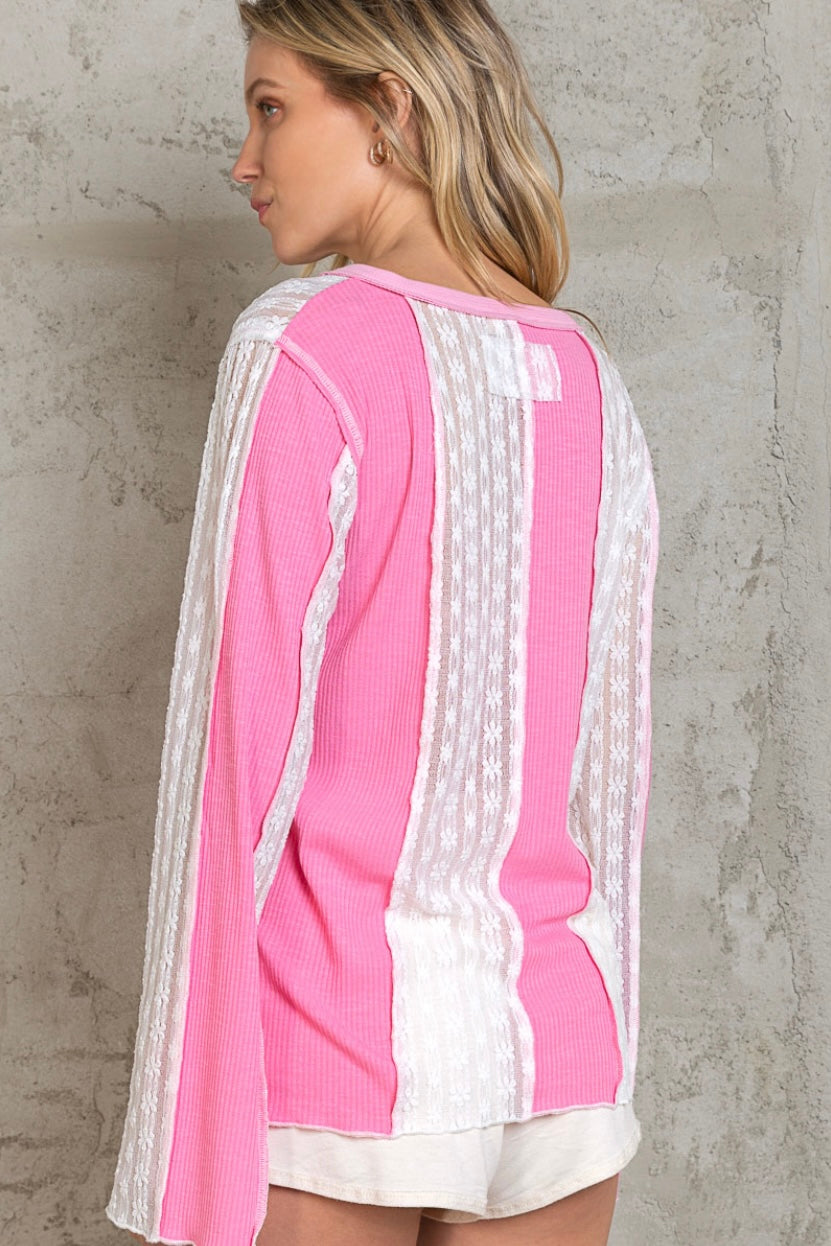 Pretty Girl Era Pink Rib + Lace Henley Top