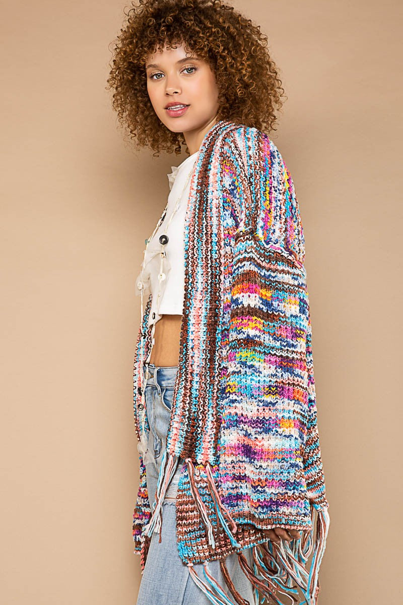 open front striped cardigan with long fringe and shawl collar, oversized longline knit sweater for a pop of color