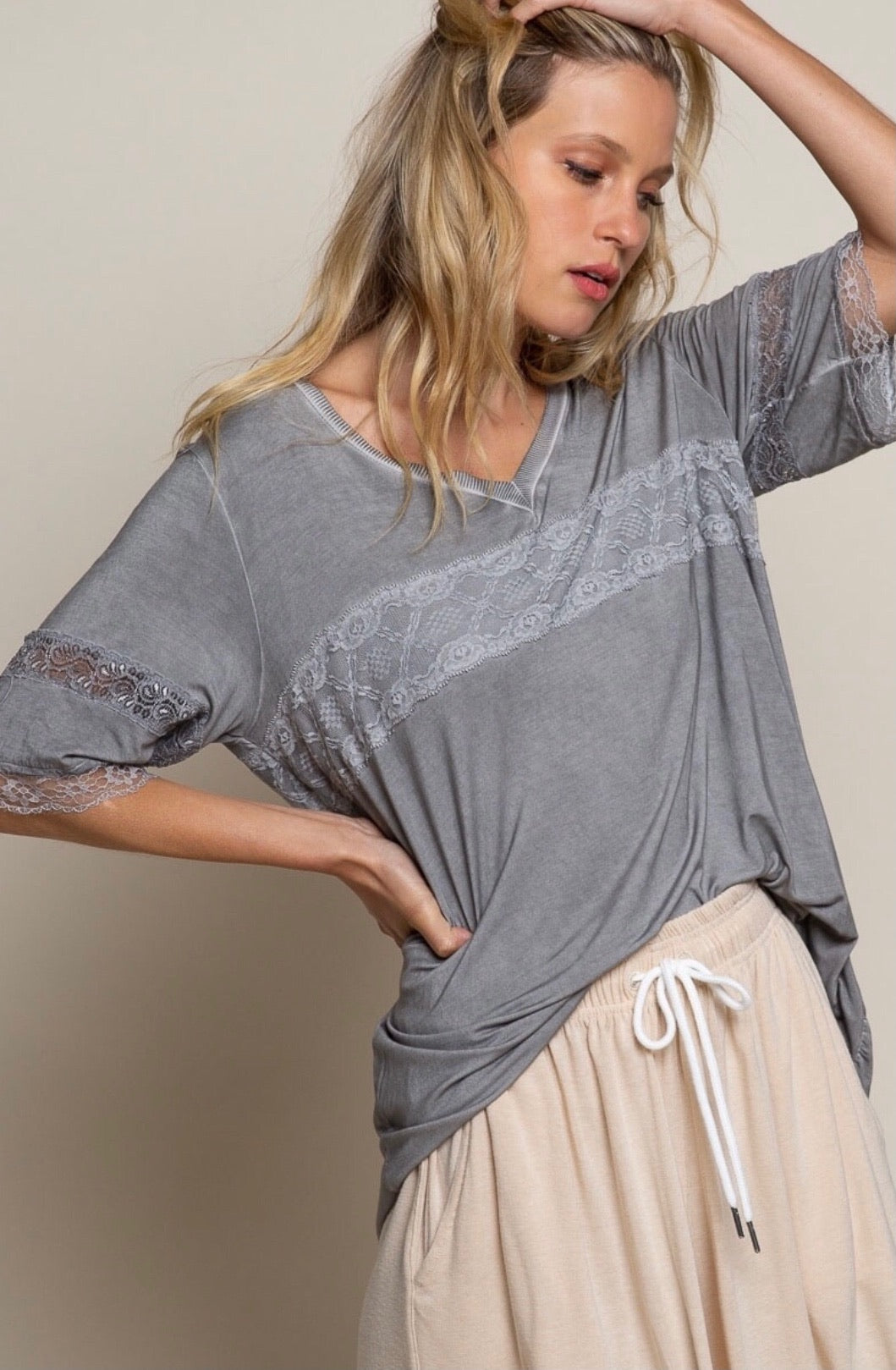 So Sweet V Neck Lace Trimmed Rayon Jersey Tee