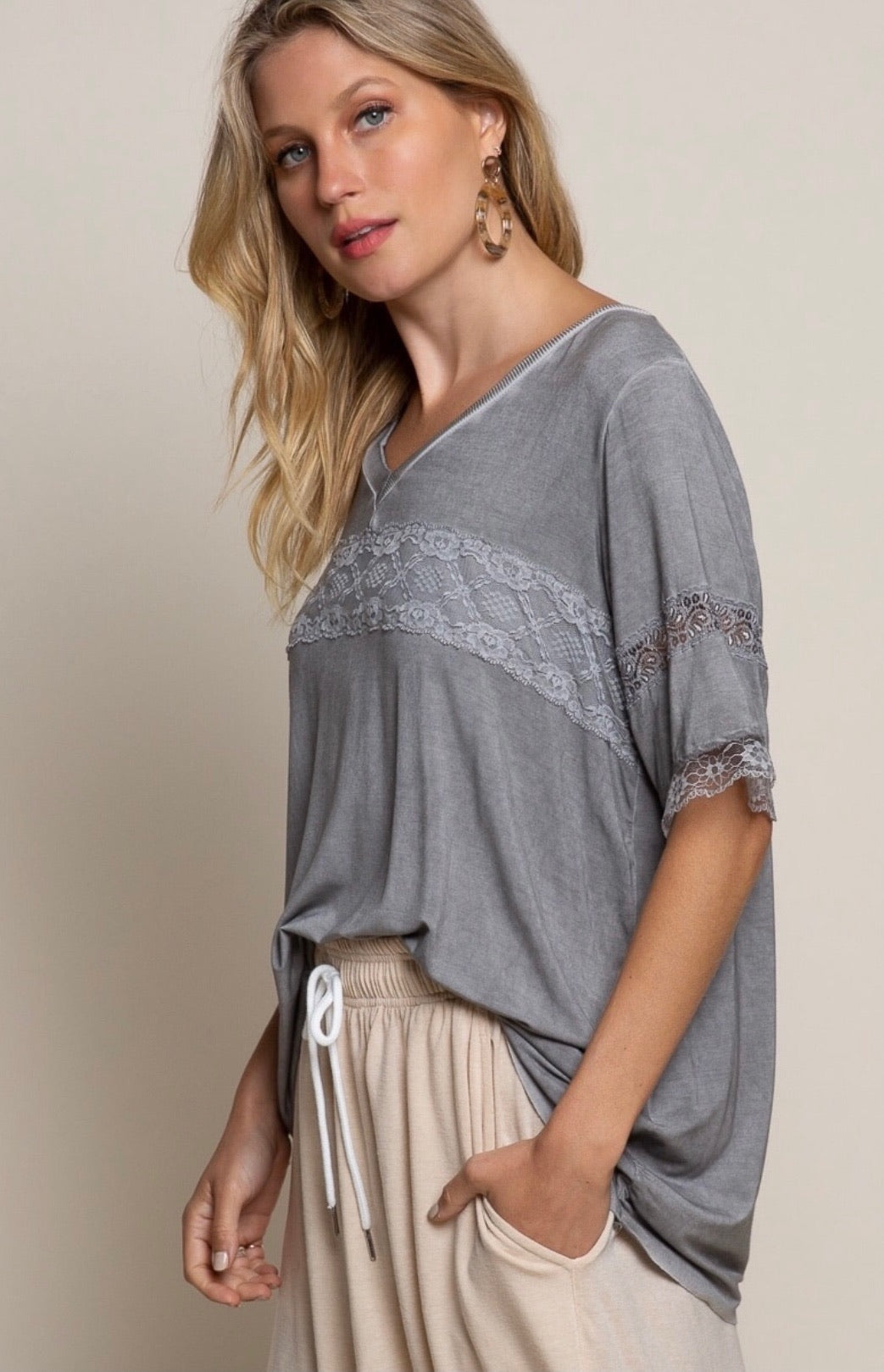 So Sweet V Neck Lace Trimmed Rayon Jersey Tee