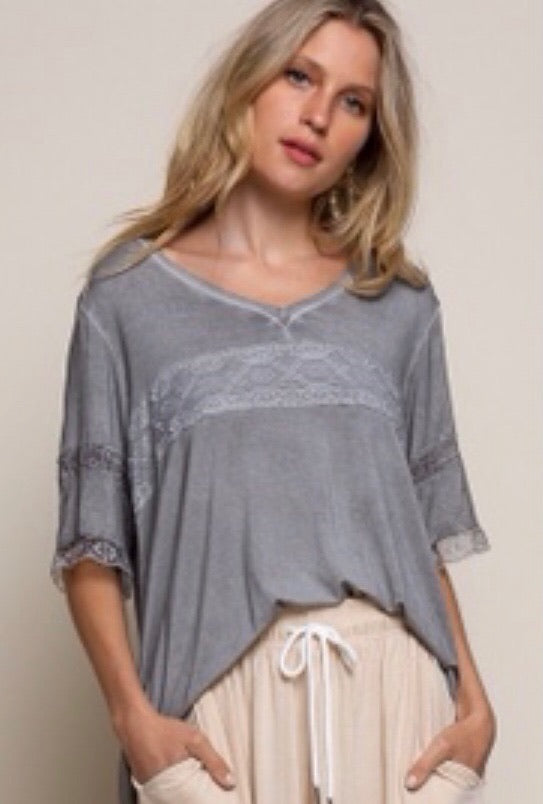So Sweet V Neck Lace Trimmed Rayon Jersey Tee
