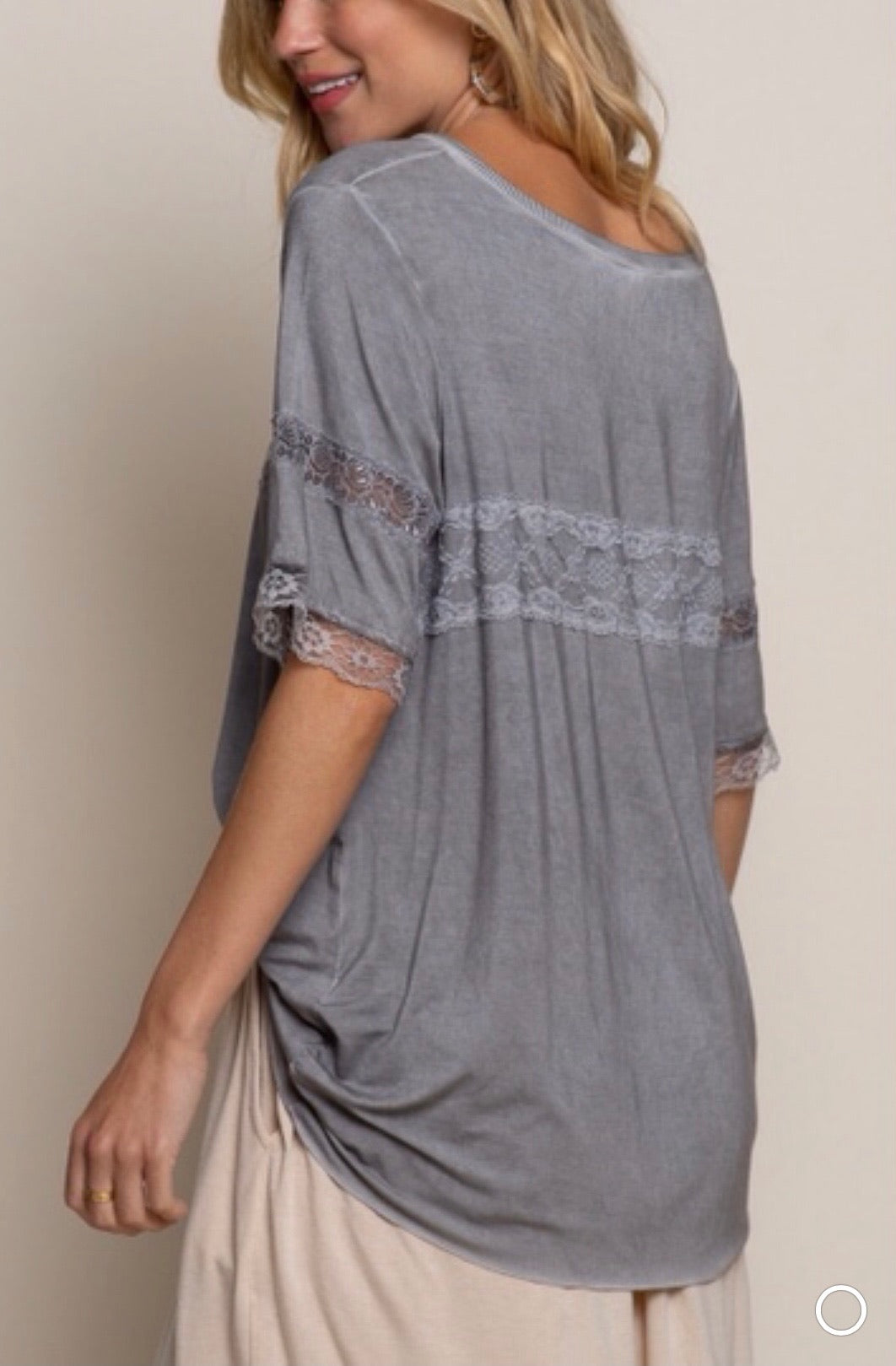 So Sweet V Neck Lace Trimmed Rayon Jersey Tee