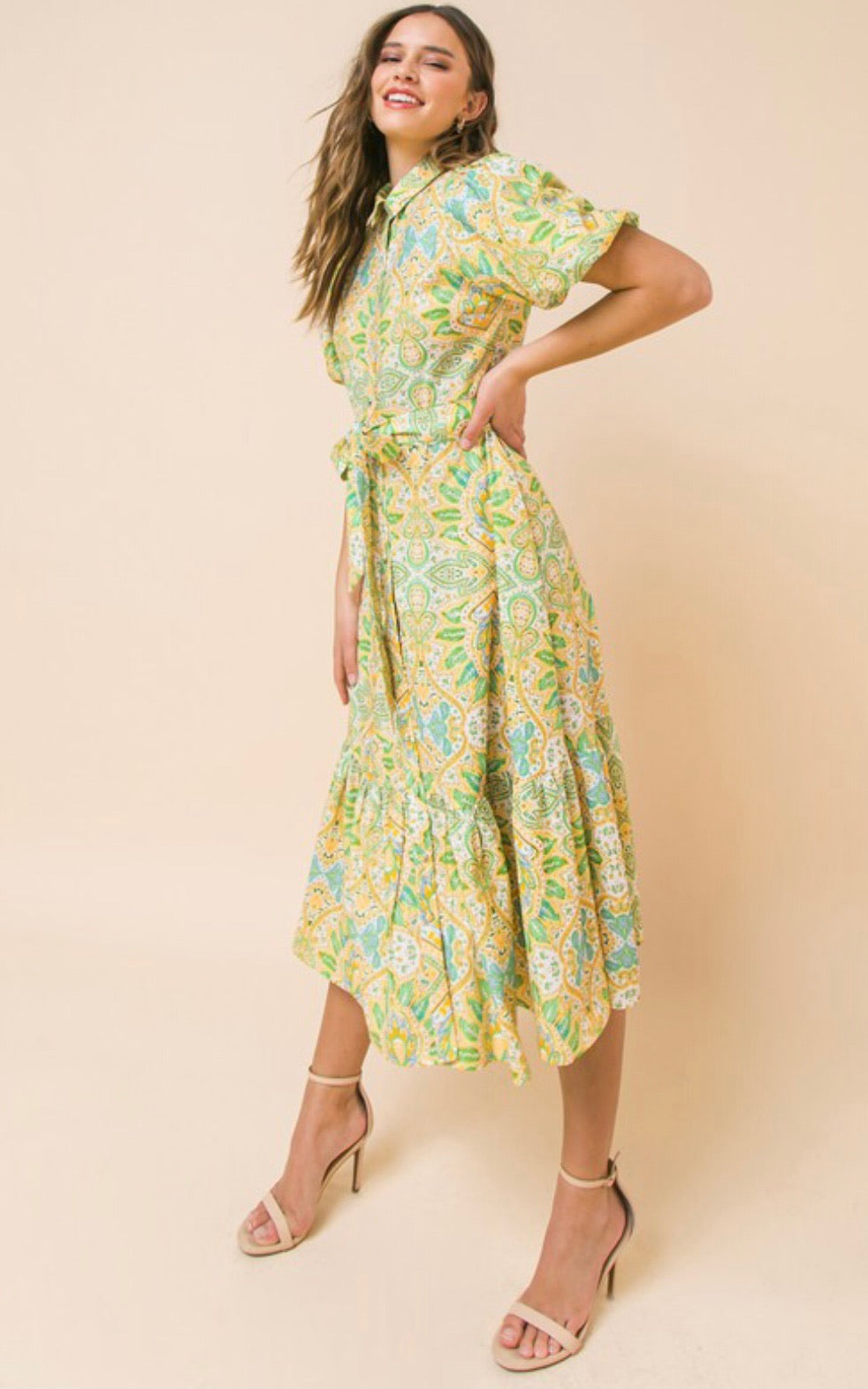 Spring Fling Paisley Print Tie Waist Ruffle Hem Midi Dress