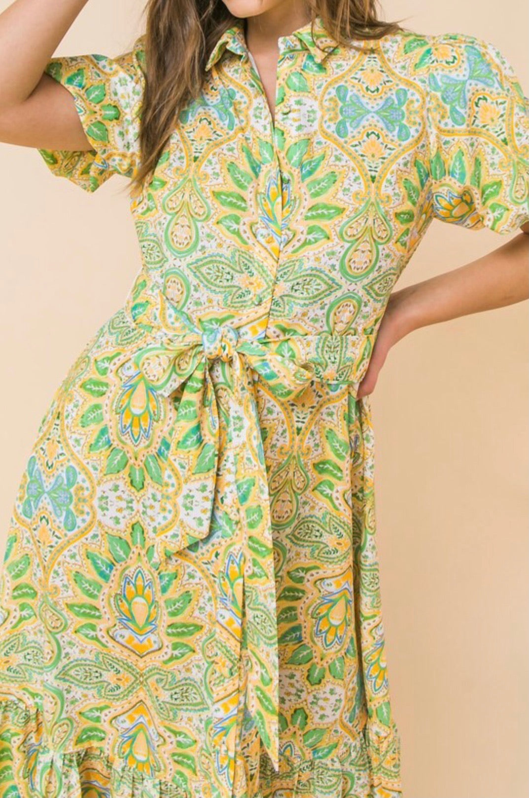 Spring Fling Paisley Print Tie Waist Ruffle Hem Midi Dress