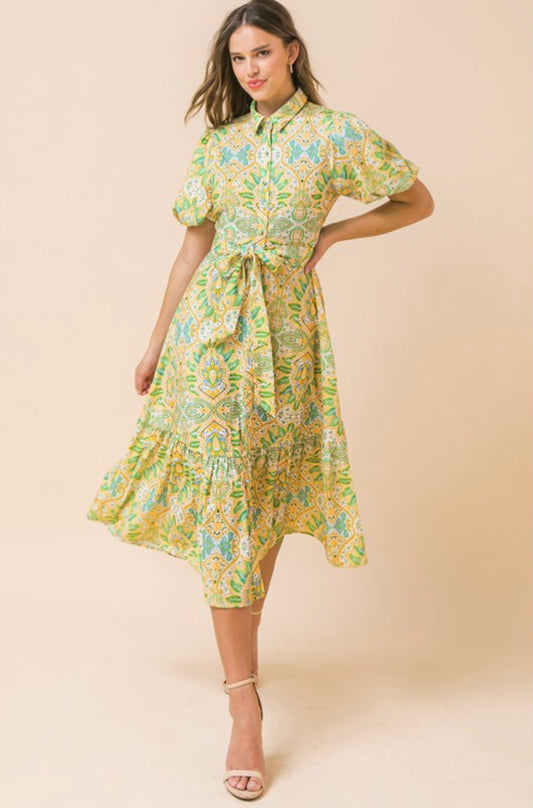 Spring Fling Paisley Print Tie Waist Ruffle Hem Midi Dress