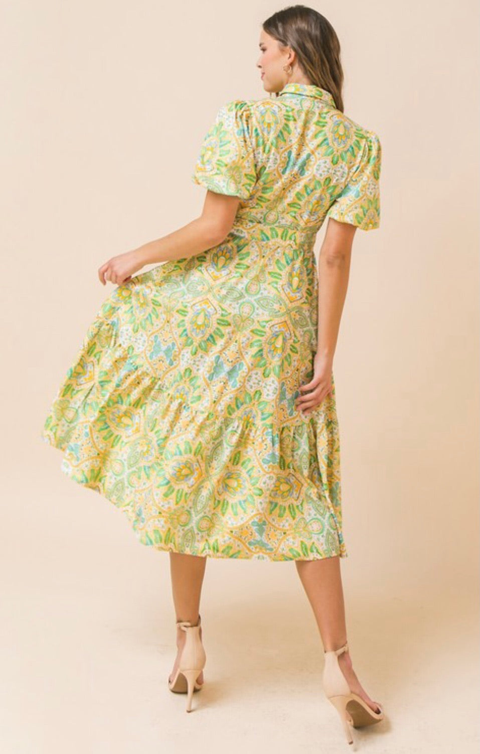 Spring Fling Paisley Print Tie Waist Ruffle Hem Midi Dress
