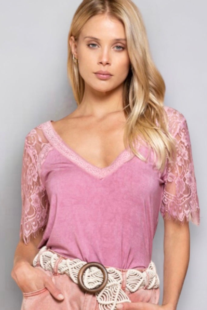 Be My Baby V Neck Lace Sleeve Rayon Jersey Tee (8 Colors)