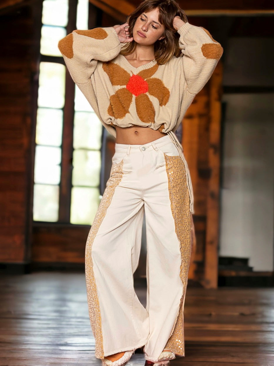 City Lights Floral Sequin Wide Leg Jeans