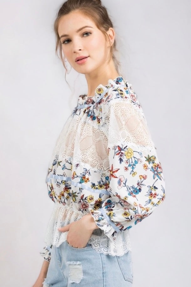 May Flowers Floral + Lace Peplum Top