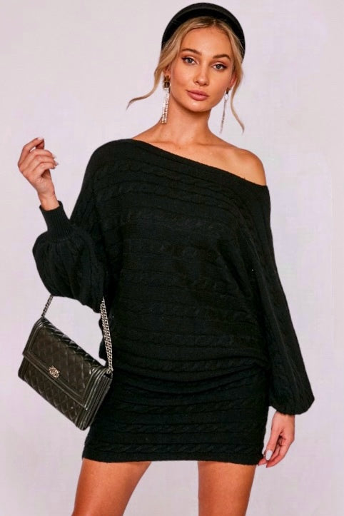 Black cable knit sweater mini dress with optional off-shoulder neckline, relaxed waist, and sleek party-ready energy for night-out looks.