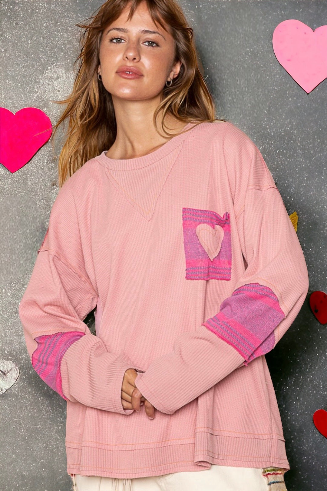 This Love Heart Patch Slouchy Thermal Knit Top
