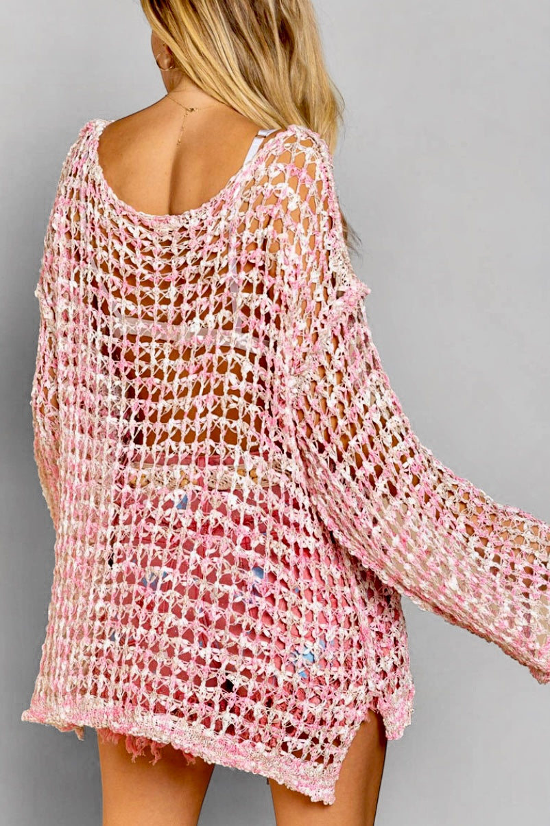 Better Together 2 Tone Pink + Beige Fishnet Open Knit Sweater