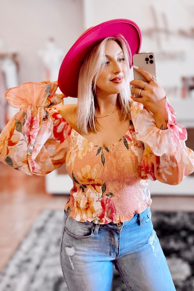 Bali Floral Smocked Bubble Sleeve Top