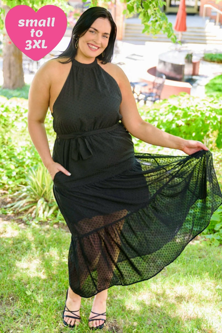 Check Mate Swiss Dot Elastic Waist Halter Neck Chiffon Maxi Dress