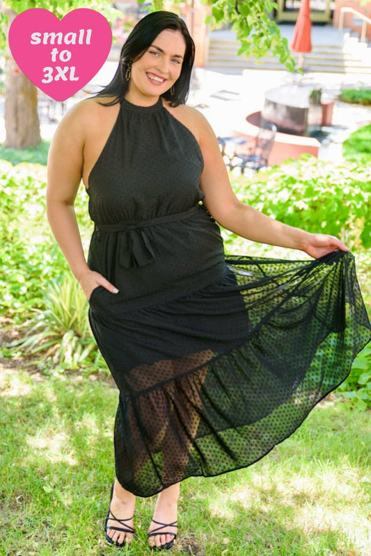 Check Mate Swiss Dot Elastic Waist Halter Neck Chiffon Maxi Dress
