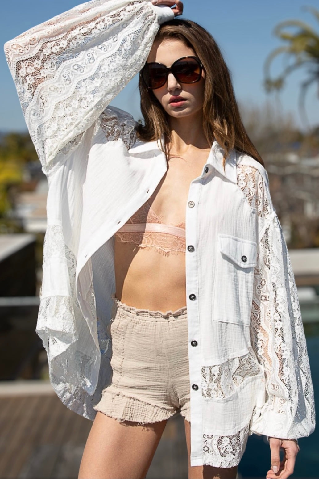 Beach Haven Cotton + Floral Lace Lightweight Button Down Shirt