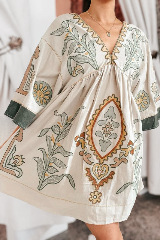 Desert Days Embroidered V Neck Half Sleeve Babydoll Dress