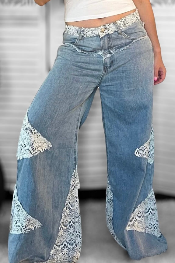 In My Element Crochet Patch Straight Wide Leg Jeans