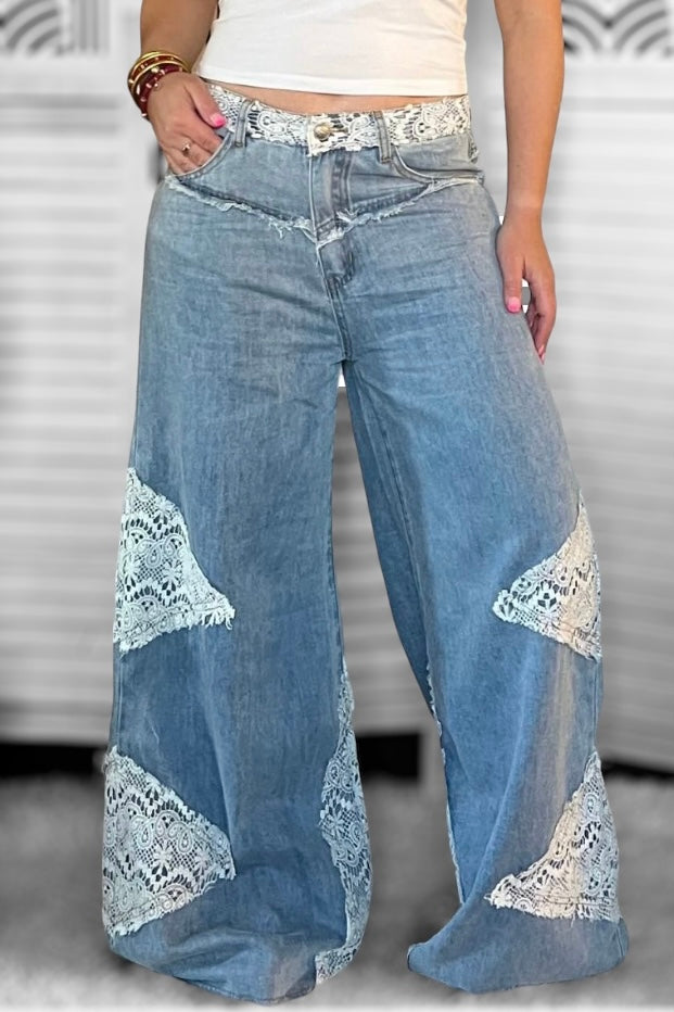 In My Element Crochet Patch Straight Wide Leg Jeans