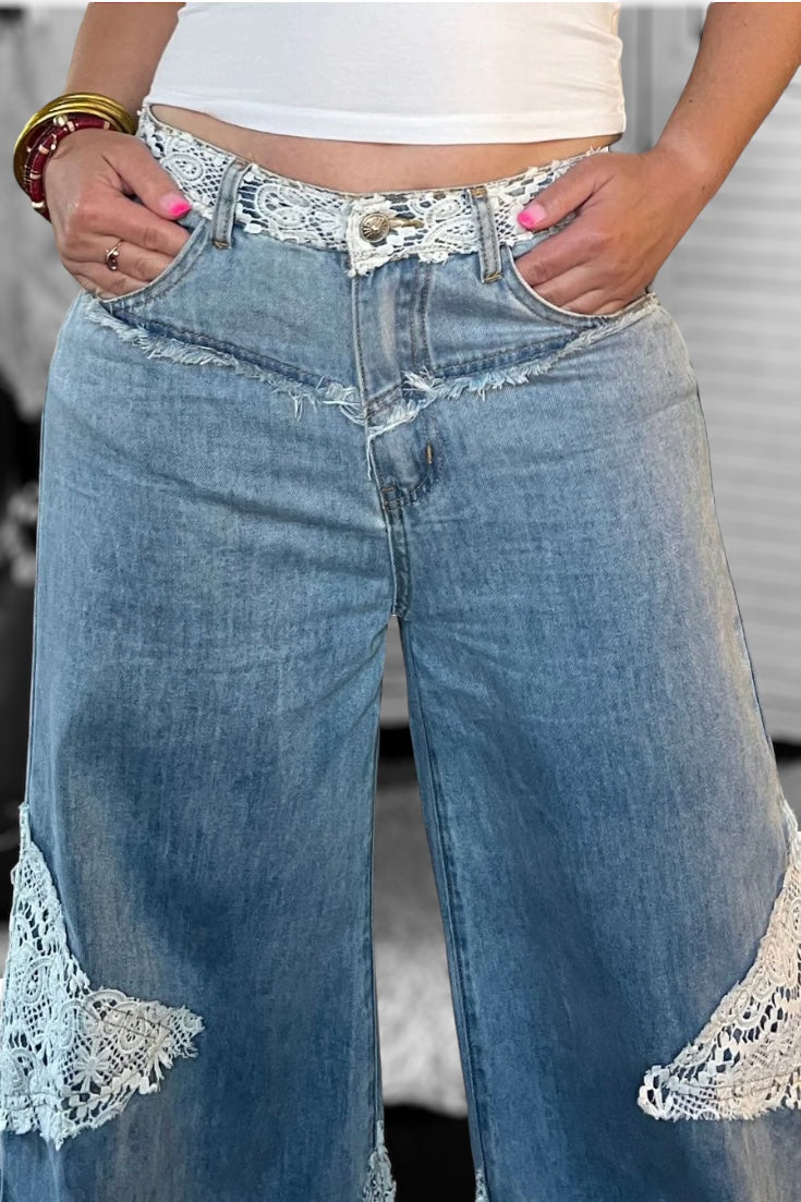 In My Element Crochet Patch Straight Wide Leg Jeans