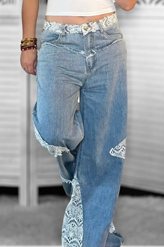 In My Element Crochet Patch Straight Wide Leg Jeans