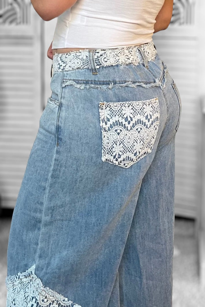 In My Element Crochet Patch Straight Wide Leg Jeans