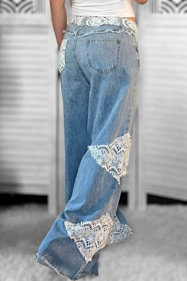 In My Element Crochet Patch Straight Wide Leg Jeans