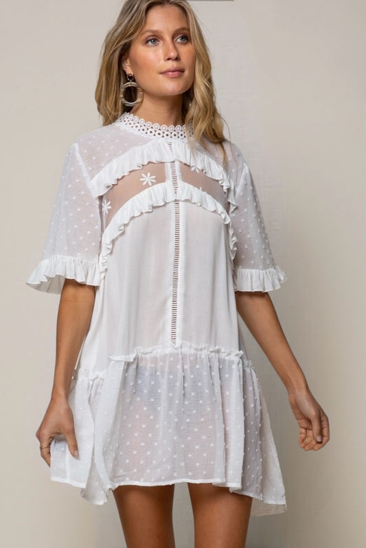 Gossamer Fairy Swiss Dot Mock Neck Lace Inset Mini Dress
