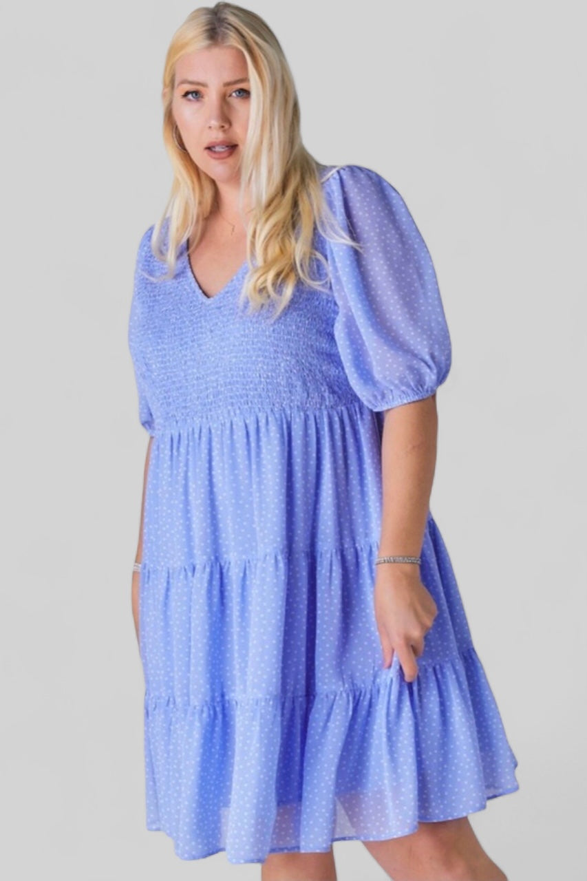 Parisian Polka Dot V Neck Half Sleeve Ruffled Tiered Midi Dress