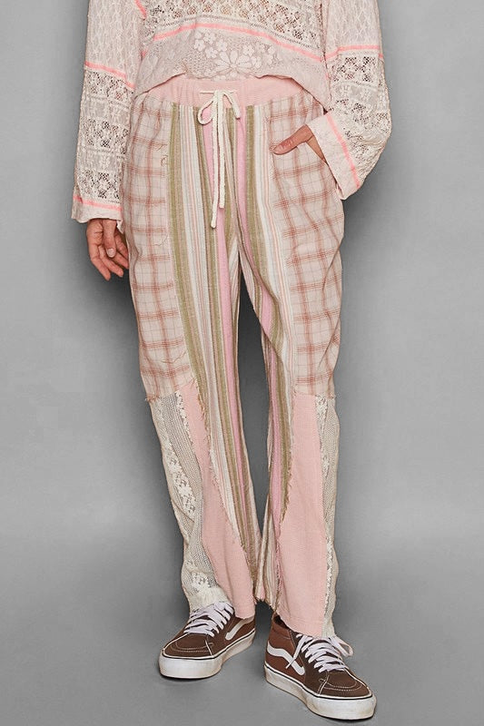 August Moon Striped Plaid Lace Detail Cotton Pants (3 Colors)