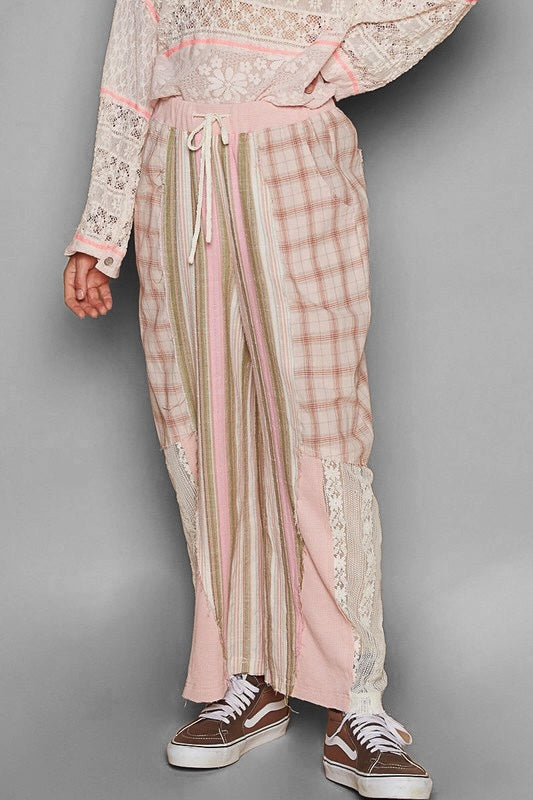 August Moon Striped Plaid Lace Detail Cotton Pants (3 Colors)