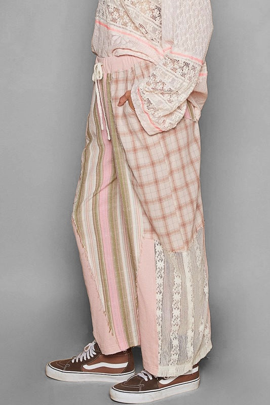 August Moon Striped Plaid Lace Detail Cotton Pants (3 Colors)