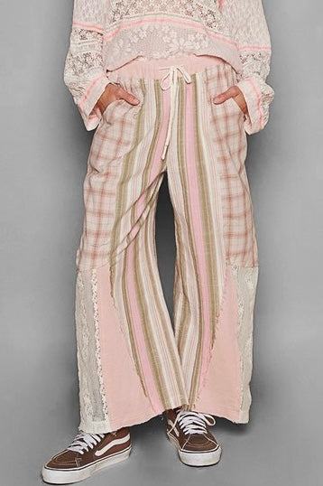 August Moon Striped Plaid Lace Detail Cotton Pants (3 Colors)