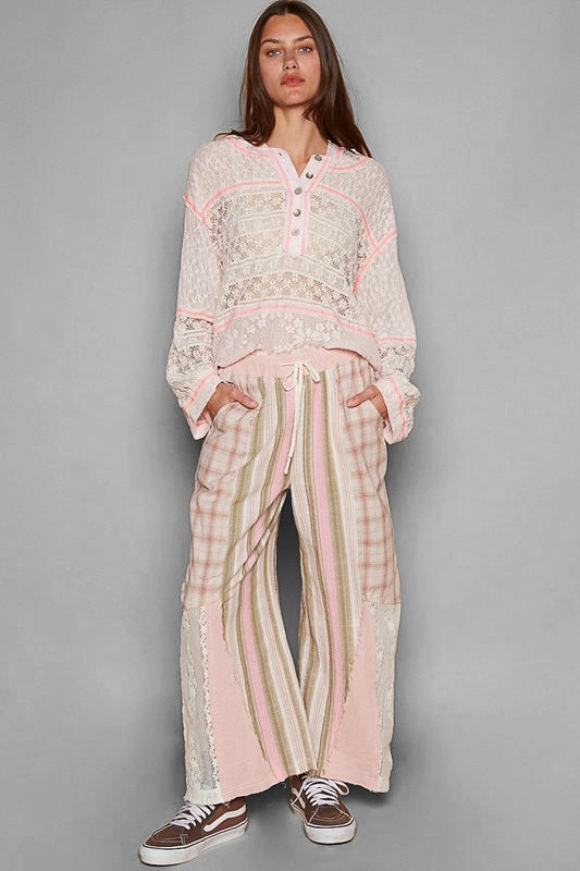 August Moon Striped Plaid Lace Detail Cotton Pants (3 Colors)