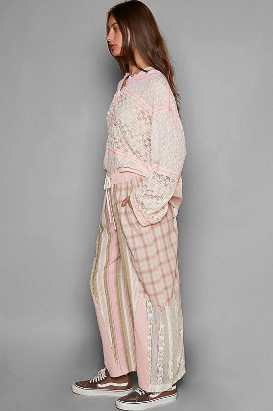 August Moon Striped Plaid Lace Detail Cotton Pants (3 Colors)