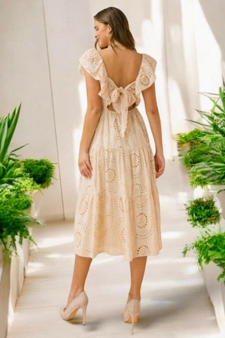 Summer Cottage Cotton Eyelet Ruffle Sleeve Midi Dress Beige / M Summer Cottage Cotton Eyelet Ruffle Sleeve Midi Dress Beige / M